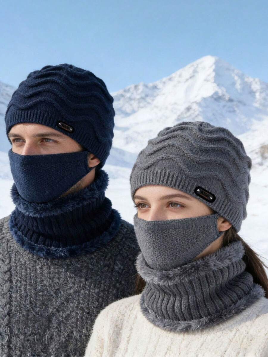 3PCS Unisex Autumn/Winter Knitted Hat, Scarf And Mask Set, Thermal Lined Warm Ear Protection Combination - Multicolor - View 1