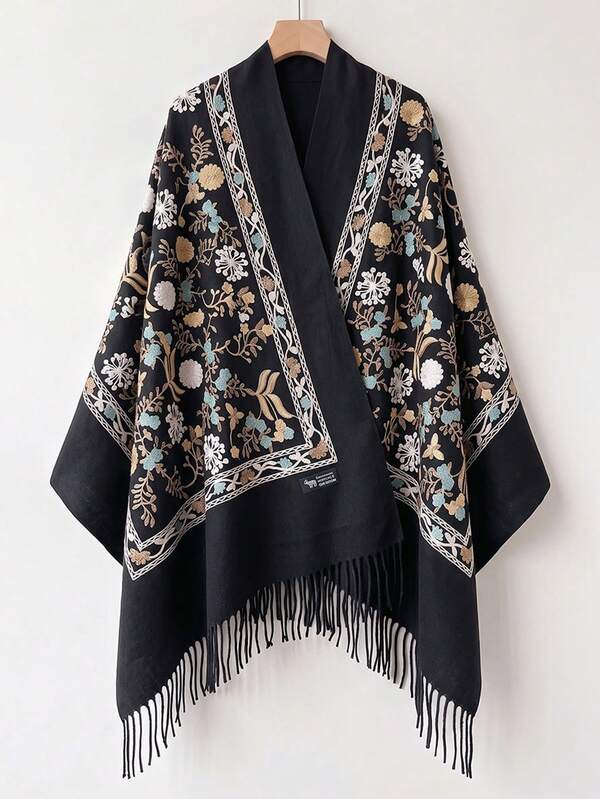 1pc Women's Autumn/Winter Faux Cashmere Embroidered Scarf, Thick Warm Tassel Embroidery Bohemian Style Travel Shawl Cape