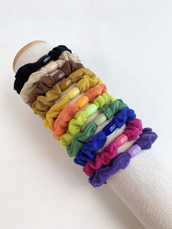 11PCS Solid Color Plush Fabric Hair Scrunchies, Minimalist All-Match Style, High Elasticity, Non-Damaging, Fresh Solid Color Versatile, Essential Hair Accessory For Daily Hairstyling