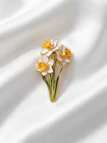 Elegant 3-Stem Narcissus Flower & Leaf Enamel Brooch, Suitable For Shirts, Dresses, Canvas Bags, Decorative Accessory - A - View 1