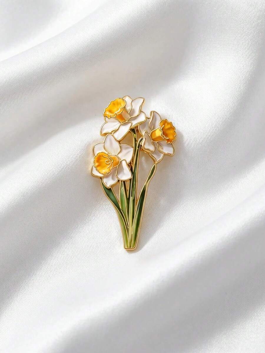 Elegant 3-Stem Narcissus Flower & Leaf Enamel Brooch, Suitable For Shirts, Dresses, Canvas Bags, Decorative Accessory - A - View 1