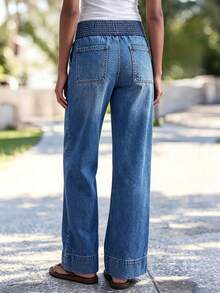 Women's Casual And Elegant Wide-Leg Denim Trousers, Featuring Pockets And A Gathered Waistband, Long, Washed, And Relaxed Fit. - Medium Wash - View 4