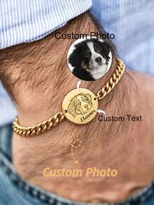 Custom Engraved Pet Portrait And Name Bracelet, Personalized Adjustable Cuban Chain Round Pendant Memorial Bracelet, Unisex For Daily Wear, Birthday Gift, Halloween Gift, Christmas Gift For Cat And Dog Lovers - Multicolor - View 1