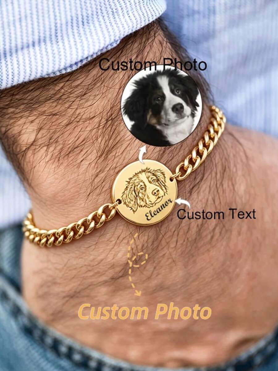 Custom Engraved Pet Portrait And Name Bracelet, Personalized Adjustable Cuban Chain Round Pendant Memorial Bracelet, Unisex For Daily Wear, Birthday Gift, Halloween Gift, Christmas Gift For Cat And Dog Lovers - Multicolor - View 1
