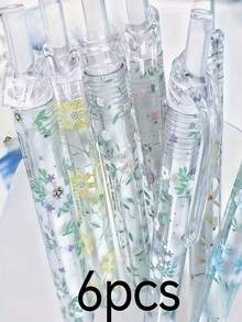 6pcs/5pcs/3pcs/2pcs/1pc/12pcs Floral Erasable Pens, Cute Writing Pen Set, Retractable, Black Quick-Drying Ink, 0.5mm Medium Tip, Decorated With Elegant Floral Patterns, Perfect For Smooth Writing In Journals And Office Supplies. - A - View 5