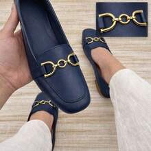 Women's Square Toe Loafer With Chain Detail, Comfortable Casual Style - Black - View 1