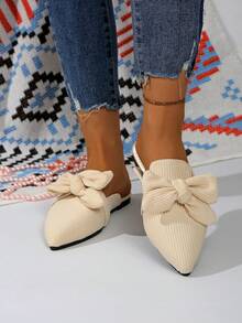 Cream White Vertical Striped Knit Pointed Toe Mule Slippers, Bow Closed Toe Flat Half-Slip, Gentle Style Outdoor Women's Slippers - Beige - View 2