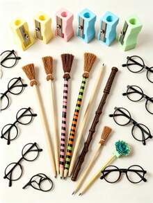 Pensil Sapu Penyihir + Bingkai Kacamata + Rautan Pensil, Pensil Kerajinan Ajaib, Cocok Untuk: Pengisi Kaos Kaki Natal, Pesta Halloween, Hadiah Wisuda, Hadiah Ulang Tahun. (Warna Sapu dan Warna Rautan Pensil Dikirim Secara Acak) - MultiWarna - View 2