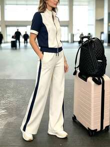 春夏秋女款新款休閒百搭撞色學院風翻領短袖上衣，搭配高腰寬鬆直筒長褲，優雅顯高 - 杏色+藏青 - 查看 9