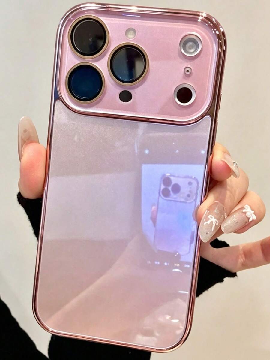 Luxury Electroplated Glossy Phone Case, Compatible With IPhone 17 Pro Max 16 15 14 13 12 11 Pro Max, Minimalist Solid Color Glass Lens Protection, Shockproof Hard Shell Back Cover - Pink - View 1