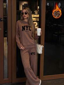 NYC Letter Print Women's Faux Knitted Knit Long Sleeve Top And Pants Set, Casual Two Pieces Outfit, Patterned Top, Mexican Brown Elegant - Brown - View 3