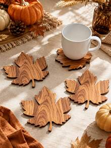 6/2pcs Thanksgiving Maple Wood Coaster Set, Autumn Tabletop Decor, Natural Wooden Coffee Cup Coasters, Rustic Farmhouse Style Kitchen And Dining Table Decoration, Holiday Home Decor Accessories - Multicolor - View 1