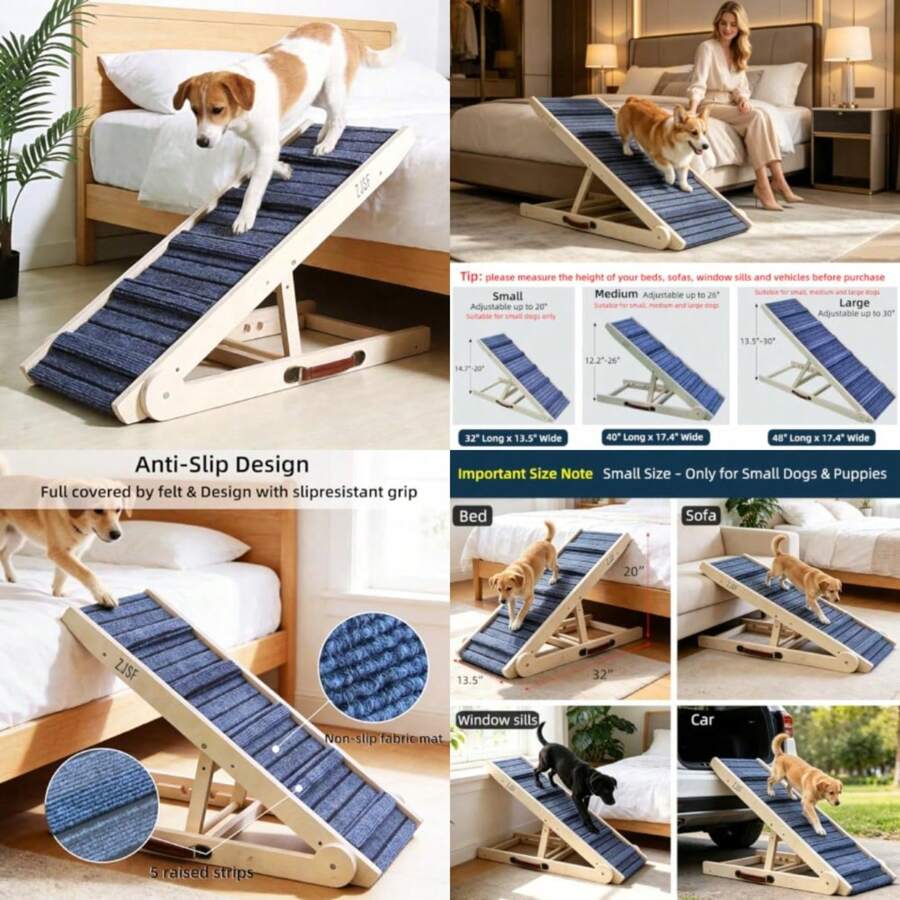 Foldable Dog Ramp For High Bed, 32" L Wooden Dog Stairs, For Small And Large Dogs, High Traction Platform, 4 Adjustable Heights 14.7"-20",Supports Up To 150 Lbs, Small Size For Puppies - Natural Wood Color - View 1