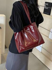 極簡純色亮面女款手提包，現代通勤風單肩包，大容量適合購物與通勤 - 紅色 - 查看 4