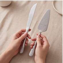 1/2pcs Vintage Embossed Silver Stainless Steel Cake Knife And Cake Tray Set, Includes 24.2cm Cake Mold And 23cm Pie Server, Thickened Rust-Resistant Dishwasher- Triangular Cake Slicer And Serving Utensils, Suitable For Weddings, Birthdays, Anniversaries, Parties And Dessert Baking - Silver - View 1