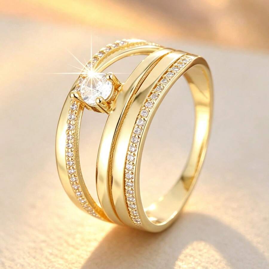 1pc Minimalist Line Geometric Arrangement Design Cubic Zirconia Women's Ring - Multicolor - View 1