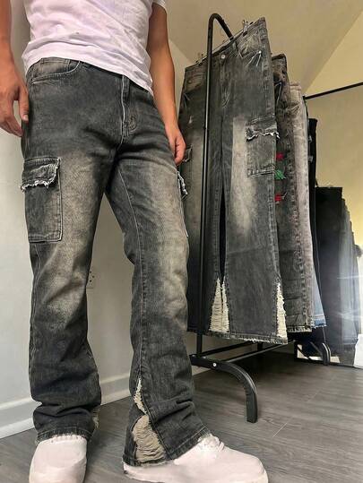 Y2K Vintage Distressed Cargo Flare Jeans, American Streetwear Distressed Patchwork Flare Denim Pants, Street Fashion Flare Cargo Denim Pants