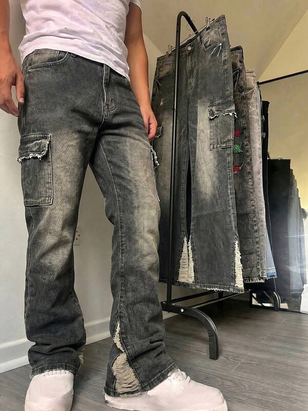 Y2K Vintage Distressed Cargo Flare Jeans, American Streetwear Distressed Patchwork Flare Denim Pants, Street Fashion Flare Cargo Denim Pants
