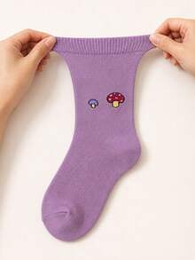 5 Pairs Small Mushroom Solid Color Thick Terry Mid-Calf Socks, Autumn/Winter Daily Commute Casual Versatile Women's Socks - Multicolor - View 8