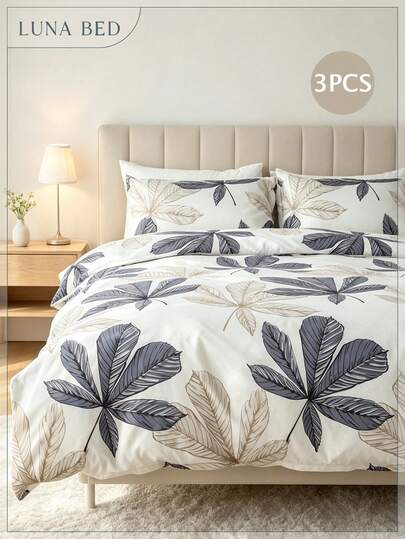 3pcs Leaf Pattern Polyester Printed Duvet Cover And Pillow Case Set