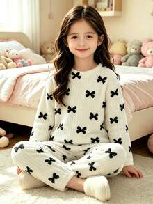 2pcs/Set White Ribbed Bowknot Autumn/Winter Mid-Large Girls Pajama Set, Flannel Long Sleeve Top And Pants Casual Loungewear, Suitable For Home And Outings - White - View 5