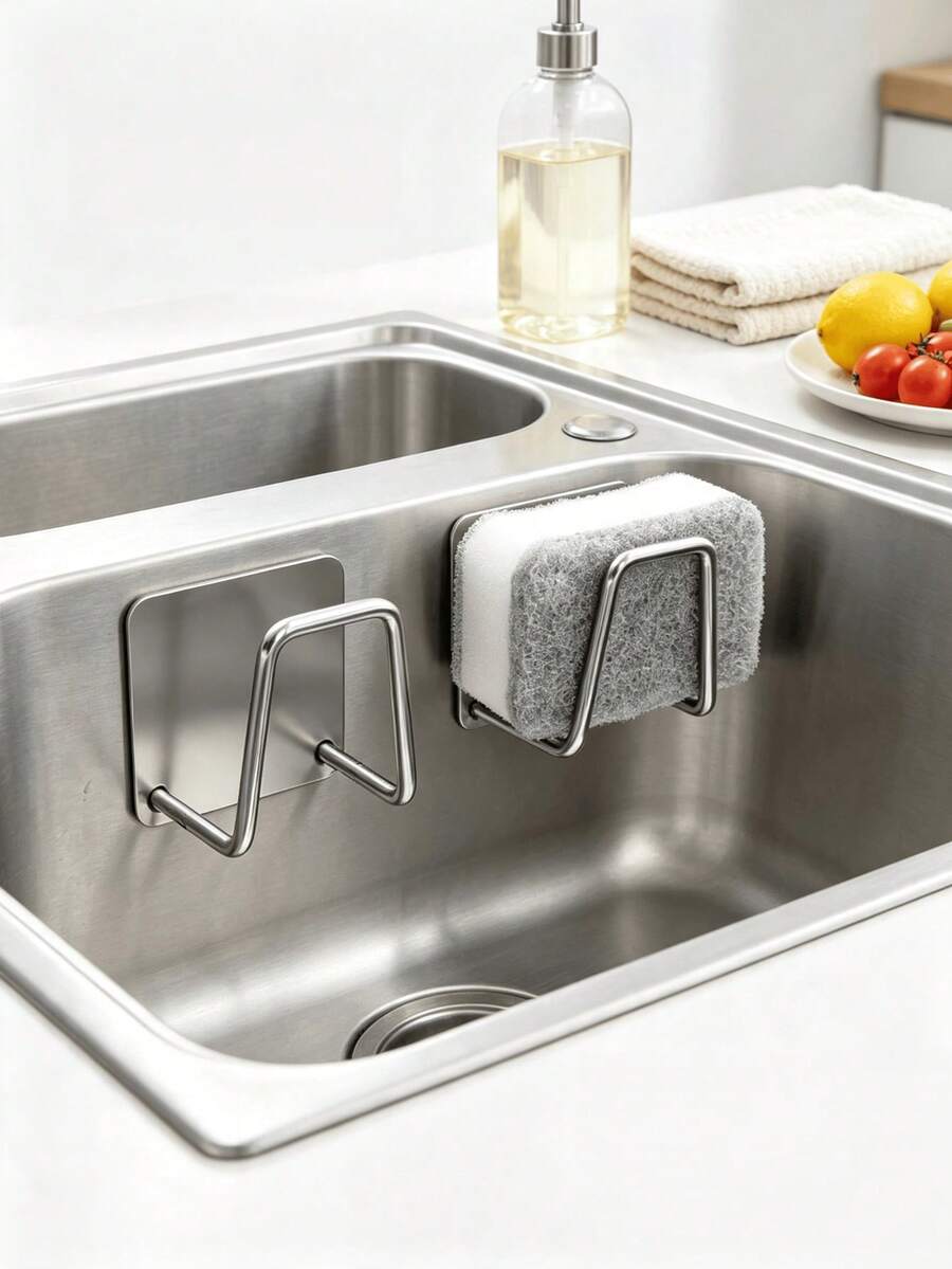 4/2/1pc Kitchen Sink Sponge Holder Self-Adhesive Stainless Steel Sponge Rack Waterproof No Drilling Kitchen Bathroom Storage Rack, One Size 1pc (Random Color)