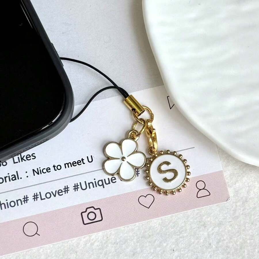 1 buah Bunga Putih/Bunga Lima Kelopak/Bulat Dua Sisi 26 Huruf/Tali Gantungan Ponsel/Dekorasi/Hadiah Perhiasan DIY