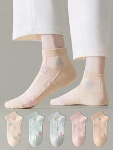 ZUJO 5 Pairs Of Women's 3D Floral Pattern Short Socks, Skin-Friendly Soft Breathable Socks,Suitable For All Seasons Daily Wear - Multicolor - View 3