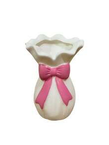 1pc White Bow Vase, Ruffled Rim Ribbed Flower Vase, Cute Pink/Red Bow Decor, Aesthetic Home Living Room Bedroom Tabletop Shelf Decor, Elegant Floral Arrangement Gift Vase - Multicolor - View 11