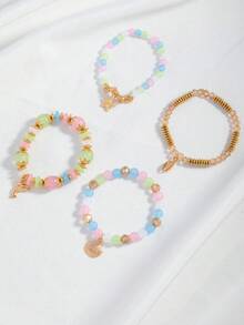 4pcs Ocean Style Cartoon Faux Shell Beaded Bracelets, Bohemian Woven Dolphin & Starfish Faux Shell Bracelets - Multicolor - View 6