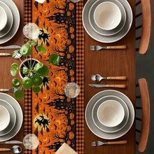 Halloween Table Runner, Buffalo Plaid Border Witch Haunted House Pumpkin Bat Moon Print Table Runner, Holiday Party Dining Table Decor For Halloween Home Kitchen Decoration - 180 X 30 cm - View 2