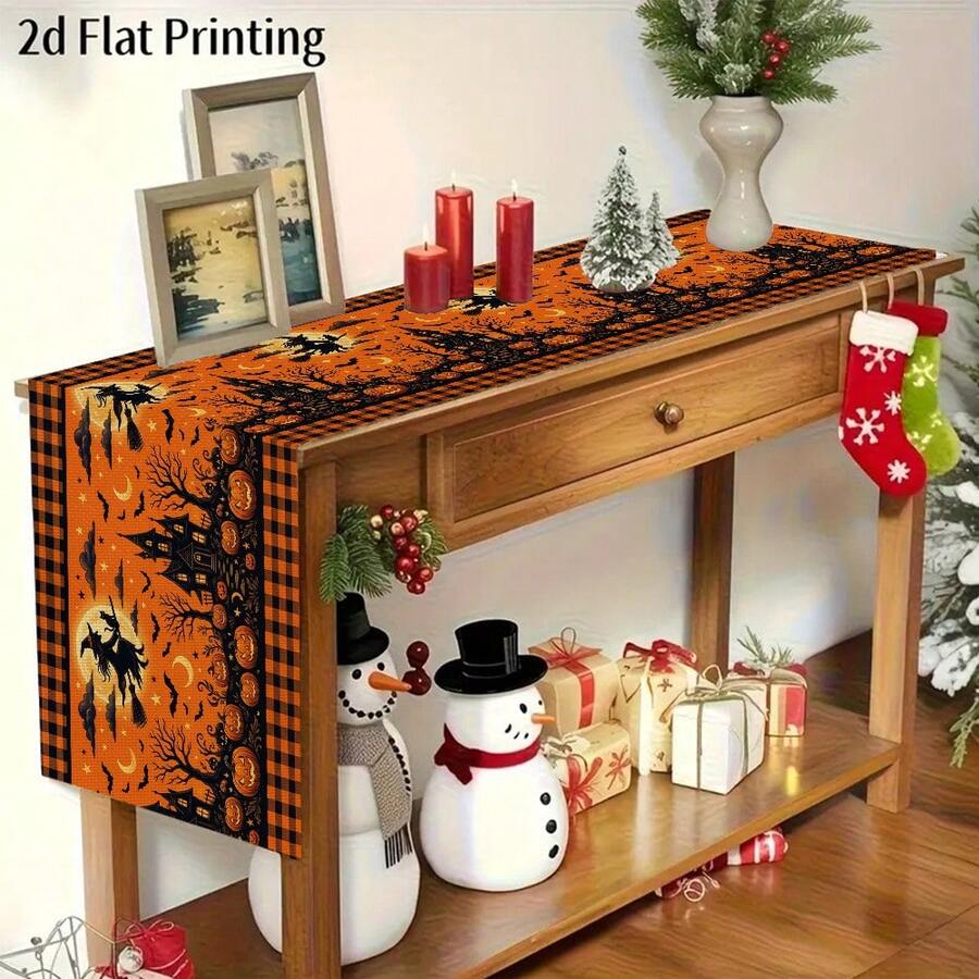 Halloween Table Runner, Buffalo Plaid Border Witch Haunted House Pumpkin Bat Moon Print Table Runner, Holiday Party Dining Table Decor For Halloween Home Kitchen Decoration - 180 X 30 cm - View 1