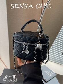 Quilted Rhombus Textured Pattern Black Solid Color Mini Box Bag, Handheld Chain Crossbody 2-In-1 Small Bag, Wrap-Around Double Zipper Full Closure Design, Square Mini Makeup Storage Bag, Suitable For Dating, Store Visiting, Shopping, Short Trips, Exquisite Versatile Crossbody Bag - Black - View 7