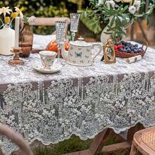 1pc Polyester Tablecloth, Elegant White Lace, Floral Pattern, Embroidered Design, Machine Made, Home Tablecloth, Square/Rectangular, Suitable For Wedding, Birthday, Thanksgiving, New Year, Home Decor, Hawaiian Theme - Apricot Embroidery - View 3