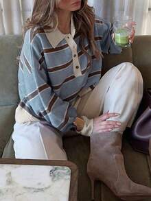 Women's Blue Striped Front Button Cardigan Sweater, Long Sleeve V-Neck Pullover, Ribbed Trim, Casual Autumn/Winter Knit Top, Suitable For Daily Wear - Blue - View 5