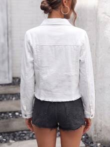 Women's Classic Long Sleeve Turn Collar Denim Jacket, Traceable Cotton, Autumn Casual - White - View 5