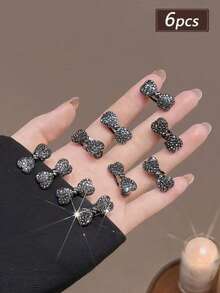 6pcs Small Rhinestone Bow Hair Clips, High-End Luxury Rhinestone Hair Clips, Mini Exquisite Side Bangs Hair Clips, Fashion Crocodile Pattern Hair Clips, Suitable For Side Bangs, Forehead Loose Hair, Perfect For Campus, Dating, Vacation Use, Practical Hair Accessories! - Multicolor - View 5