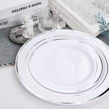 20/10pcs Silver Rim Party Plates, White Gold Border, Salad Plates, 10.25 Inch And 7.5 Inch Serving Trays, Suitable For Parties, Outdoor, Weddings, Restaurants - Silver - View 4