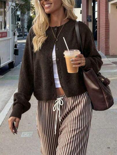 Women's Dark Brown Cropped Knit Cardigan, Long Sleeve Round Neck Button Front Sweater With Soft Stretch Fabric, Casual Vintage Layering Top For Fall