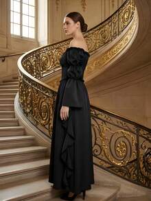 Vintage Medieval Court Style Women's European American Stage Performance Gentle Long Dress, Off-Shoulder Ruffle Bell Sleeve Dress - Black - View 4
