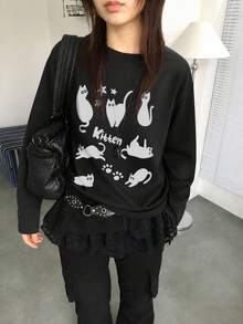 Y2K Millennium Style Women's Spring Autumn Loose Fit Versatile Cartoon Y Japanese Manga Cat Print Pattern Round Neck Fashion Casual Long Sleeve T-Shirt - Black - View 2