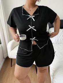 Women's Plus Size Pajamas, Lapel Short Sleeve And Shorts Black Plus Size Pajamas. Two Pieces Women's Pajama Set, Suitable For Curvy Women. - Black - View 5