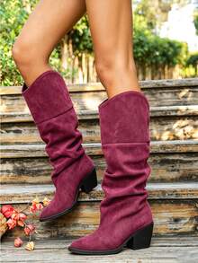 Women's Autumn/Winter New Velvet Pleated Slouchy Tall Boots, Vintage Pointed Toe Chunky Heel High Heel Shaft Boots, Burgundy Cool Fashion Boots, High Heel Chunky Heel Fashion Punk Style Chelsea Boots, Outdoor Casual Fashion Boots - Burgundy - View 2