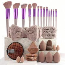 Conjunto de 33 Peças de Ferramentas de Maquiagem, Inclui: 13 Pincéis de Maquiagem + 4 Esponjas de Maquiagem + 4 Mini Esponjas de Maquiagem + 4 Almofadas de Pó Triangulares + 4 Mini Almofadas de Pó + 1 Esponja de Limpeza + 1 Elástico de Cabelo + 2 Pulseiras - Castanho - Visão 8