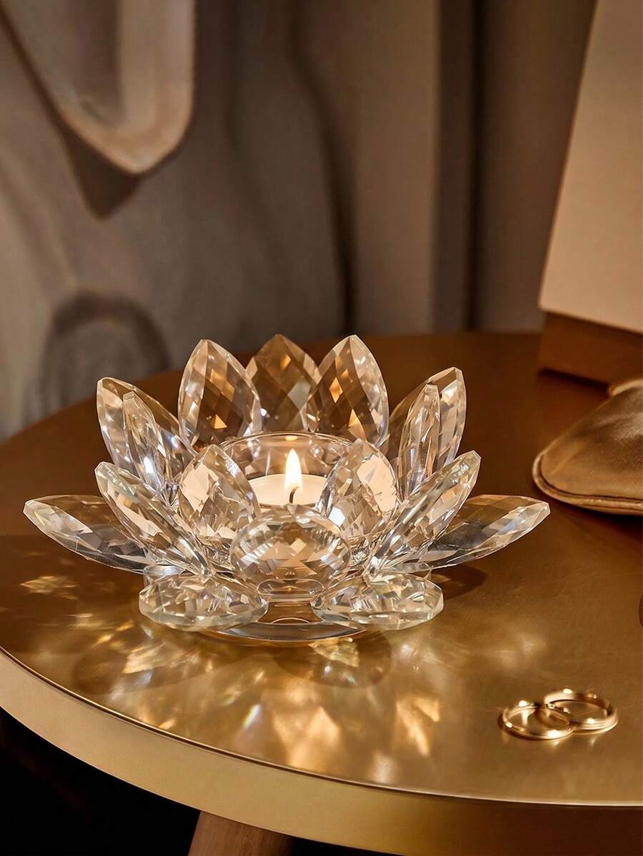 1pc Crystal Lotus Tea Light Candle Holder/Glass Tea Light Candle Holder Decor, Suitable For Christmas, Home, Wedding Party - Multicolor - View 1