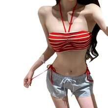 女性用ビキニ水着3点セット、リゾート向けセクシーなストライプショートパンツ、温泉ビーチ水着 - 赤(ショートパンツ付き) - チェックする 7