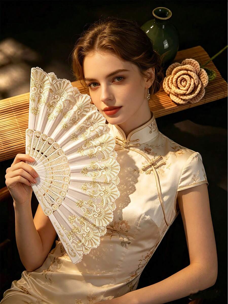 女款白色手持折扇 金箔花卉舞扇 時尚風格 - 彩色 - 查看 1