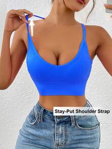 LianShengFa 1pc Backless Cross Strap High Elasticity Wireless Daily Bra, Medium Support Seamless Racerback Yoga Sports Bra, Breathable And Comfortable - Royal Blue - View 6