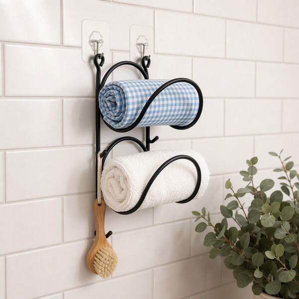 2pcs Towel Rack - Wall-Mounted Shelf With Hooks - Easy Installation, Space-Saving Design, Suitable For Elegant Bathroom And Kitchen Decor Multi-Functional Storage | Smooth Metal Surface | Sturdy Structure, Bathroom Organization And Storage