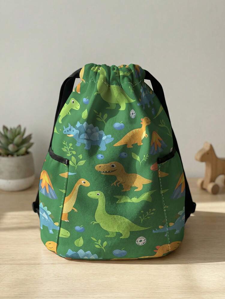 1 pieza Mochila con cordón, universal para múltiples escenarios, capacidad extra grande, ultraligera y portátil, duradera, de alta estética, bolsa de almacenamiento plegable, mochila deportiva con cordón con estampado de dinosaurio de dibujos animados, almacenamiento a prueba de polvo, adecuada para viajes al aire libre, fitness, desplazamientos diarios y uso escolar - Multicolor - Añade 12